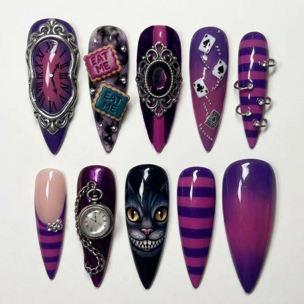 Handmade Gothic Wonderland Press On Nails | 3D Clock, Playing Cards & Grinning Cat Art | Purple Fantasy Statement Set