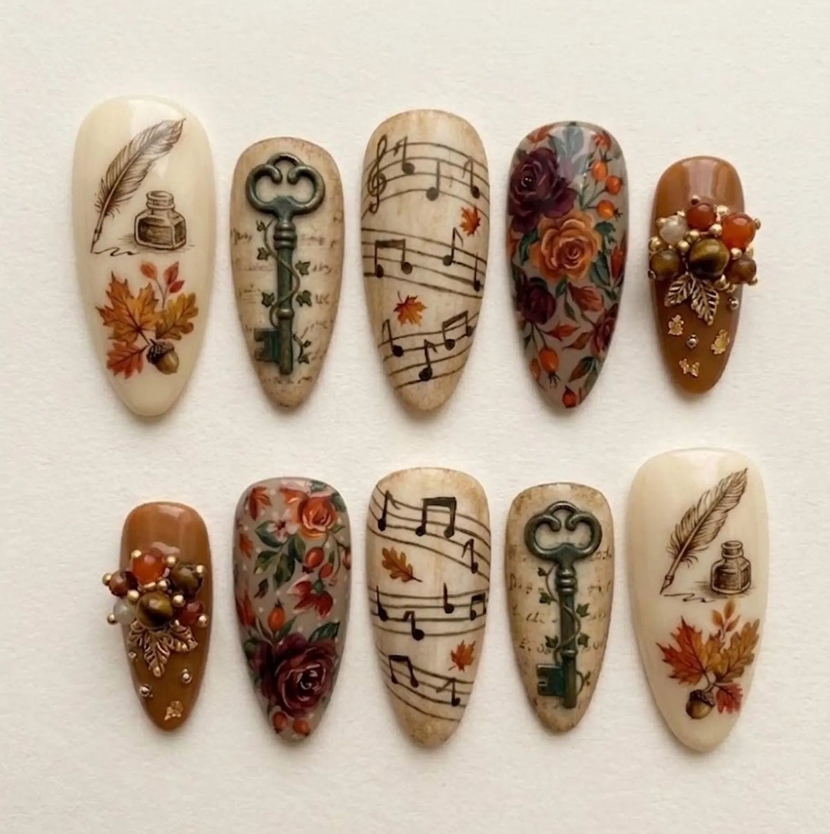 Handmade Vintage Autumn Press On Nails, Music Notes Nails, Antique Key Nails, Floral Fall Nails, Cottagecore Nails