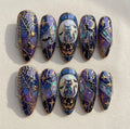 Handmade Stained Glass Halloween Press On Nails | 3D Gold Line Black Cat & Pumpkin Art | Purple Galaxy Iridescent Spooky Fake Nails