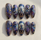 Handmade Stained Glass Halloween Press On Nails | 3D Gold Line Black Cat & Pumpkin Art | Purple Galaxy Iridescent Spooky Fake Nails