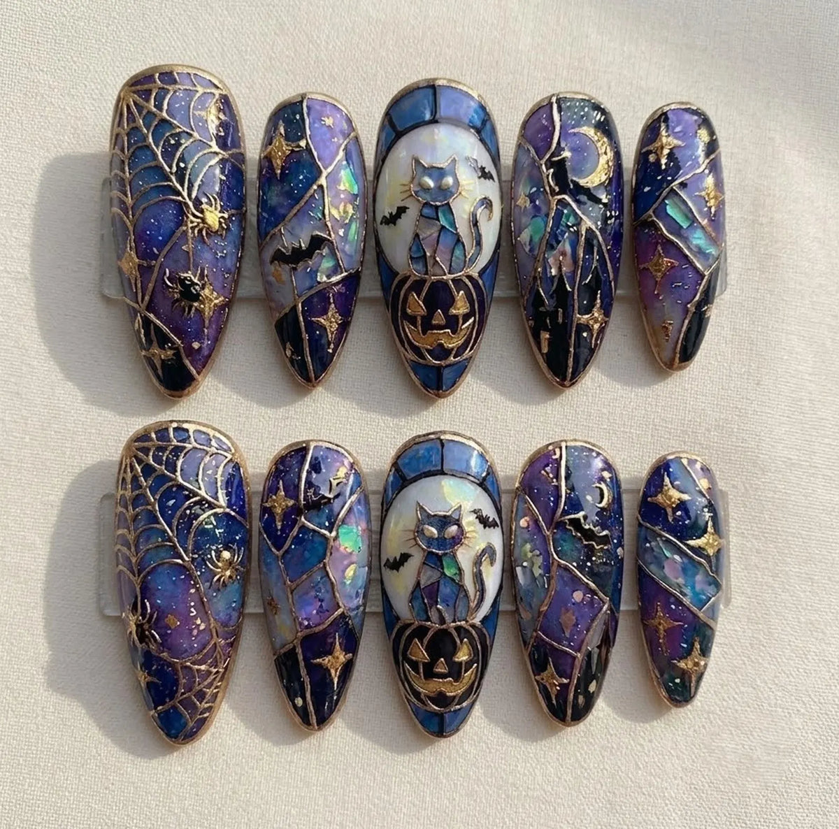 Handmade Stained Glass Halloween Press On Nails | 3D Gold Line Black Cat & Pumpkin Art | Purple Galaxy Iridescent Spooky Fake Nails