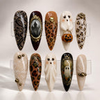 Vintage Gothic Halloween Press On Nails – Ghost, Leopard & Gold 3D Nail Art