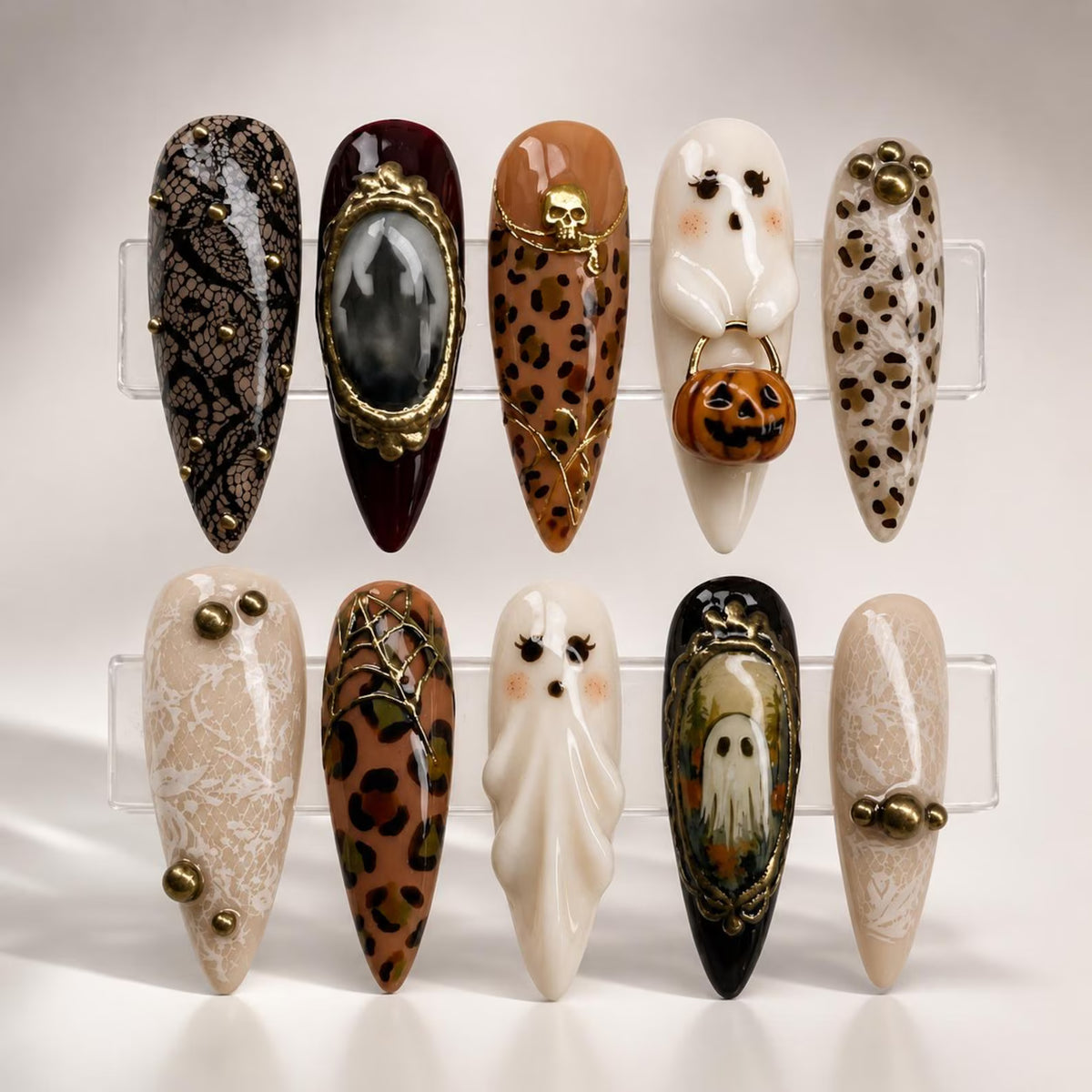 Vintage Gothic Halloween Press On Nails – Ghost, Leopard & Gold 3D Nail Art