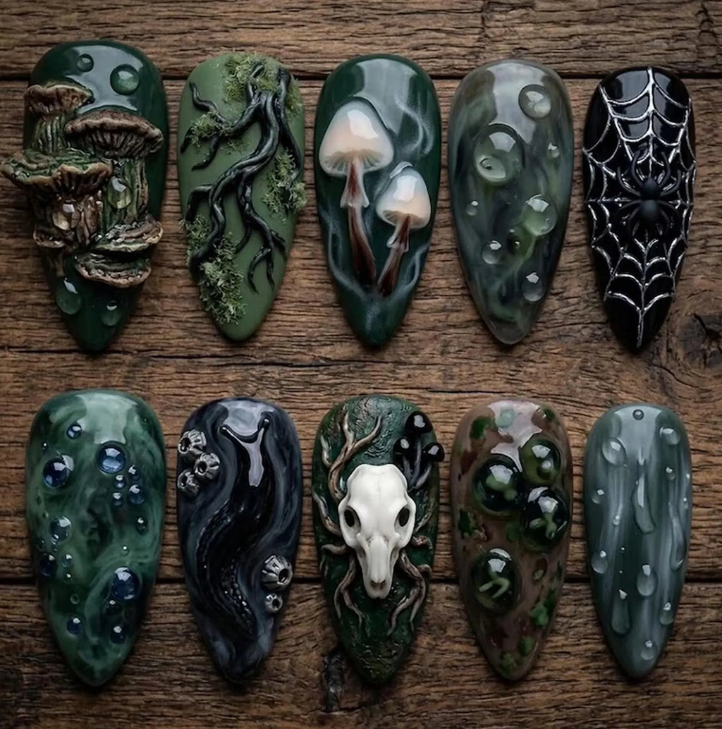 Dark Forest Gothic Press On Nails | 3D Skull Mushroom Dewdrops Spiderweb Slug Tree Roots Moss Witchy Fake Nails
