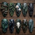 Dark Forest Gothic Press On Nails | 3D Skull Mushroom Dewdrops Spiderweb Slug Tree Roots Moss Witchy Fake Nails