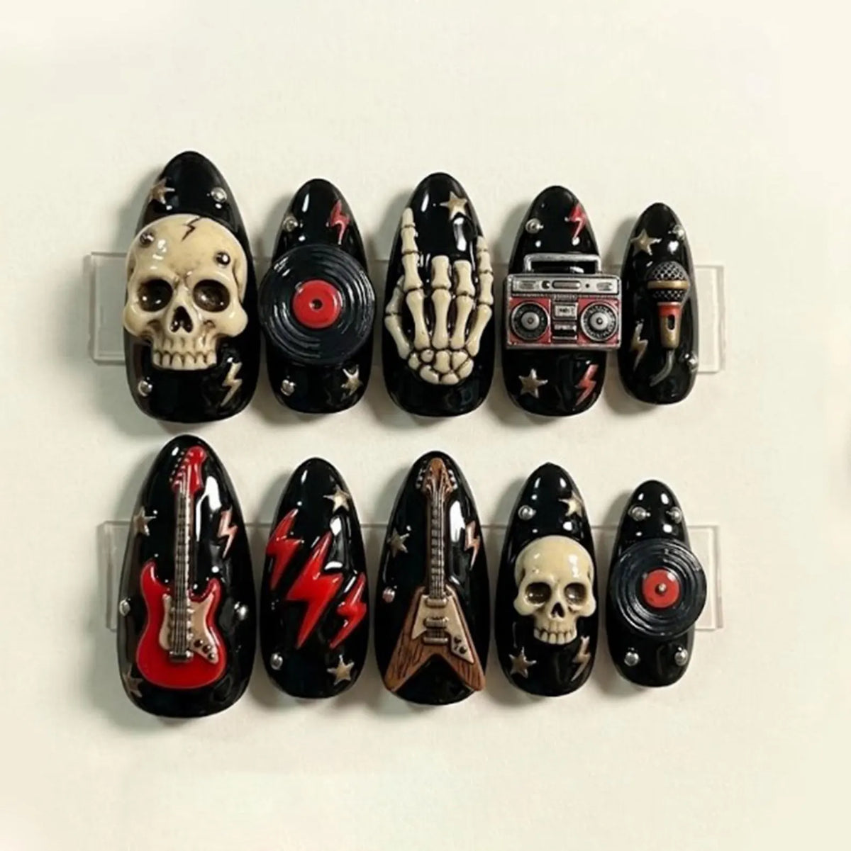 Handmade Rock and Roll Skull and Guitar Press On Nails | 3D Sculpted Skulls, Electric Guitars and Boombox | Black and Red Punk Rock Design