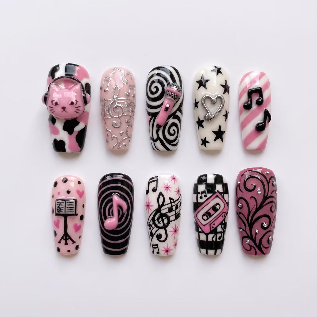 Pink Music Press On Nails｜Retro Cassette and Music Note Nail Art｜Y2K Pop Star Design｜Long Square Fake Nails｜Handmade Reusable Nail Set