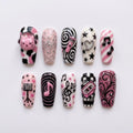Pink Music Press On Nails｜Retro Cassette and Music Note Nail Art｜Y2K Pop Star Design｜Long Square Fake Nails｜Handmade Reusable Nail Set