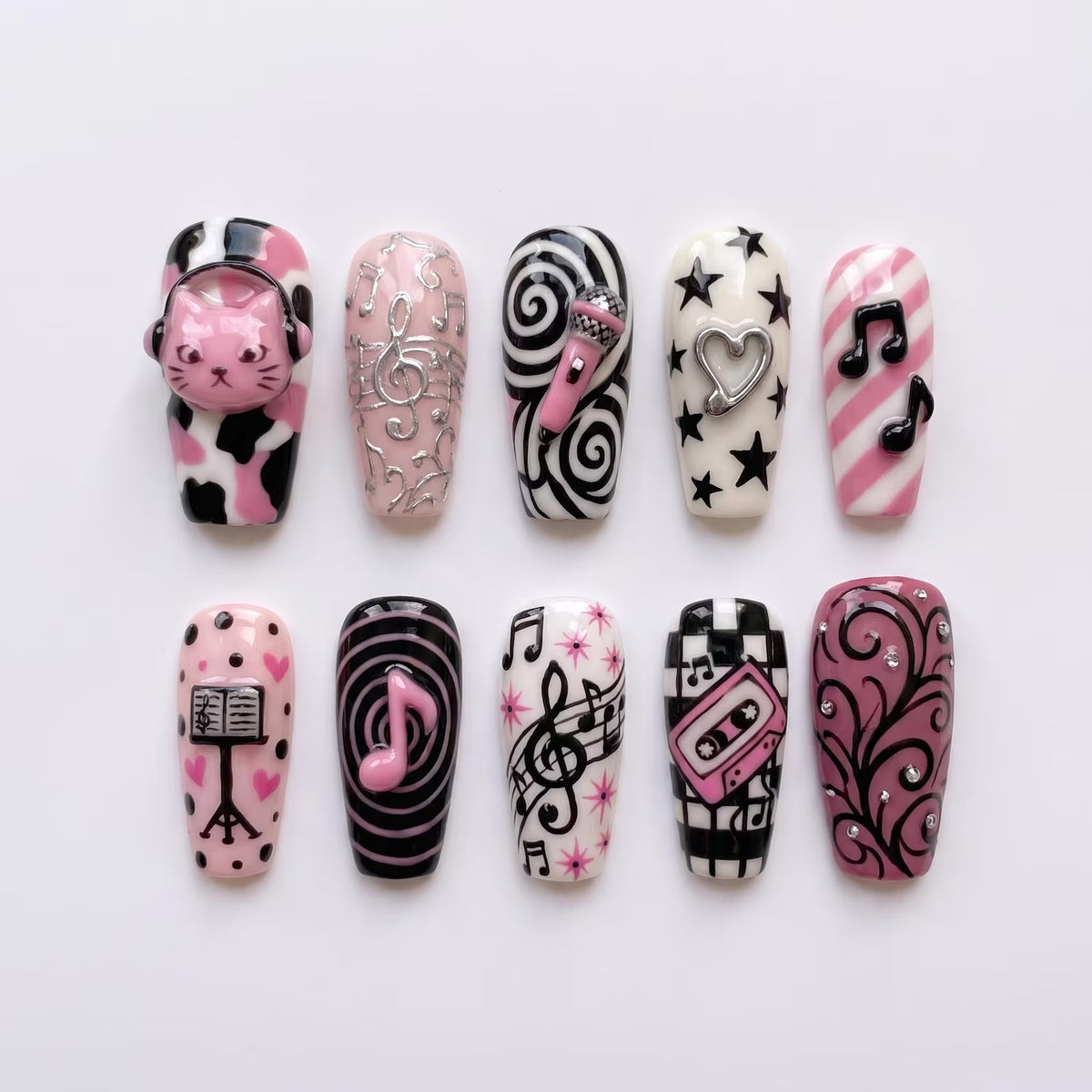 Pink Music Press On Nails｜Retro Cassette and Music Note Nail Art｜Y2K Pop Star Design｜Long Square Fake Nails｜Handmade Reusable Nail Set