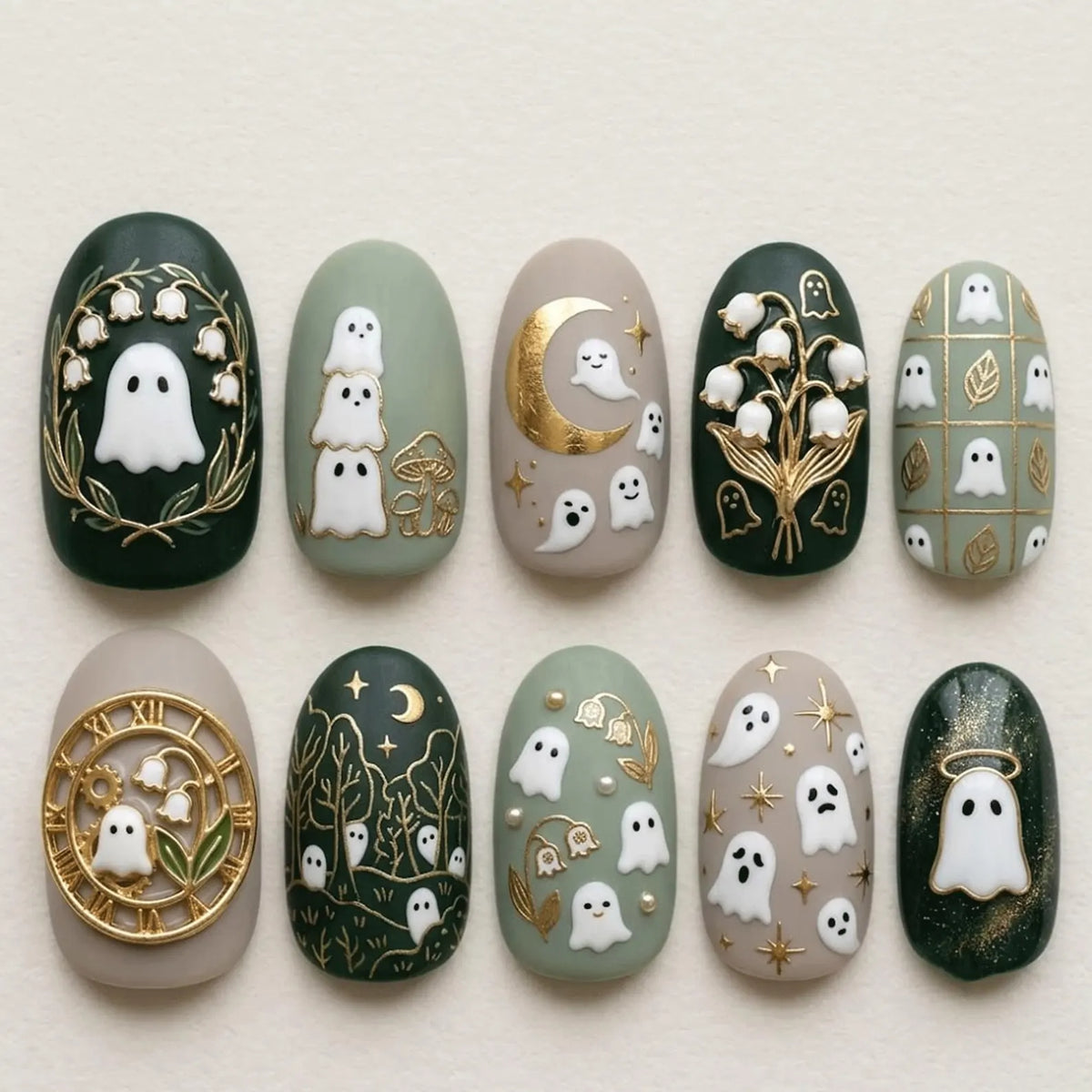 Cottagecore Ghost Press On Nails | Green Forest & Lily of the Valley Fake Nails | Cute Celestial Ghost Nails Set