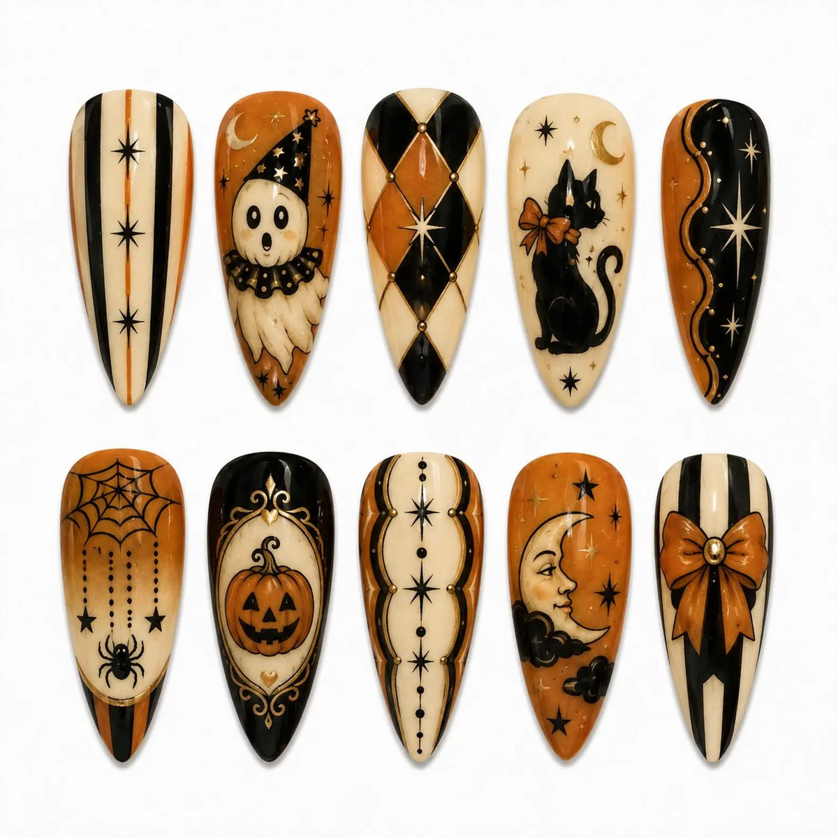 Handmade Vintage Halloween Press On Nails, Retro Spooky Autumn Set