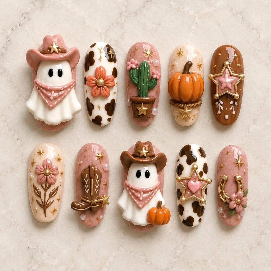 Western Halloween Press On Nails, 3D Ghost Pumpkin Nail Art, Cow Print Fall Nails, Spooky Cowgirl Handmade Custom Fake Nail Set