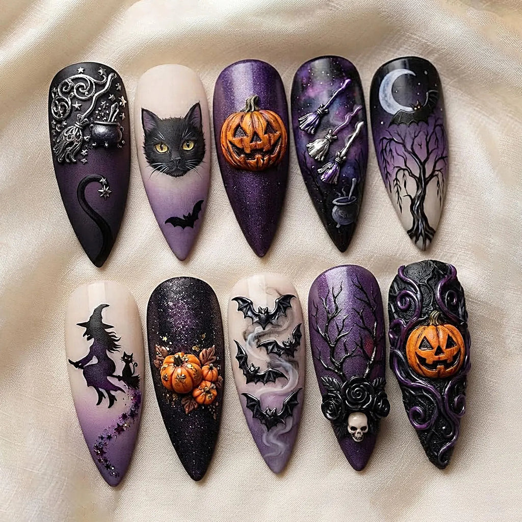 Handmade Gothic Halloween Press On Nails | Witch, Black Cat, Pumpkin, Bat Art | Stiletto Nails for Spooky Dark Vibes