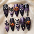 Handmade Gothic Halloween Press On Nails | Witch, Black Cat, Pumpkin, Bat Art | Stiletto Nails for Spooky Dark Vibes
