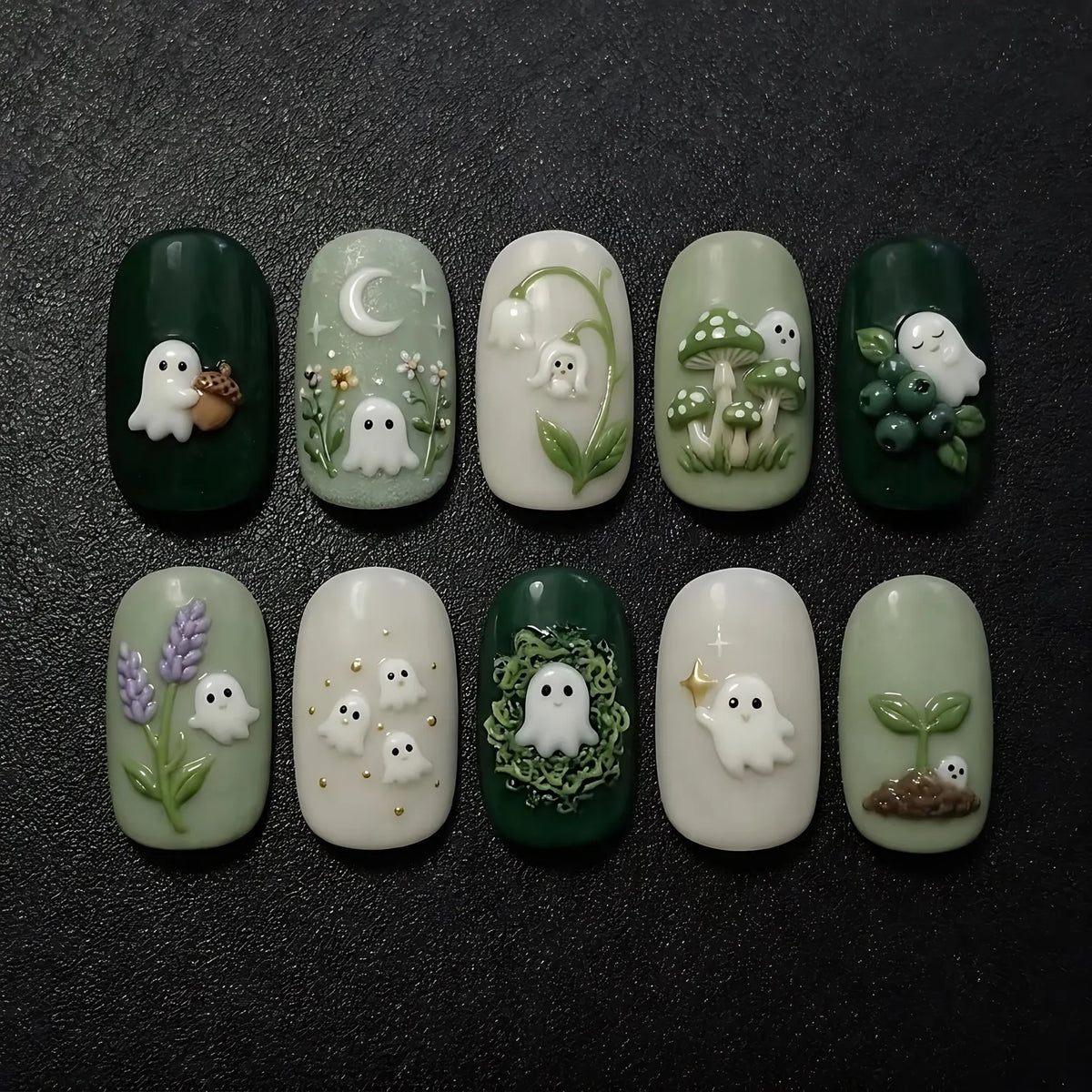 Cute Ghost Press On Nails, Cottagecore Forest Mushroom Nails, Handmade Reusable Short Glue On Nails