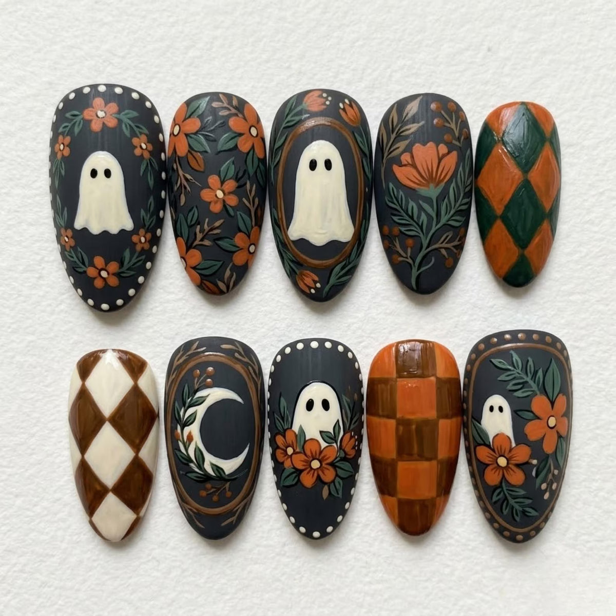 Spooky Cute Ghost Press On Nails | Cottagecore Halloween Vibe | Matte Fall Almond Nails | Orange Flower Moon Nail | Hand Drawn Custom Nail