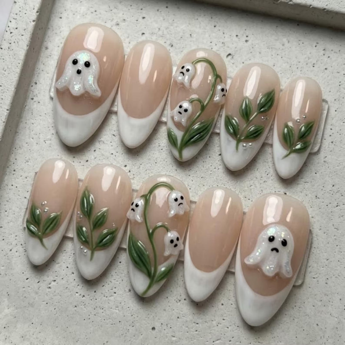 3D Ghost Lily of the Valley Press On Nails | Spooky Cute Botanical French Tip | Sage Green Leaf & Flower Nails