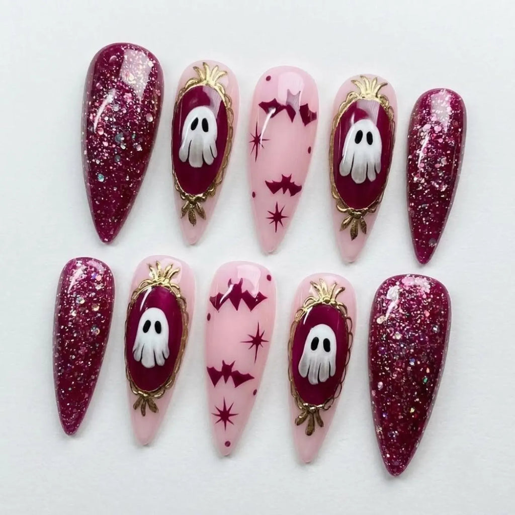 Pink Halloween Press On Nails | 3D Ghost Mirror Art | Magenta Glitter Spooky Coquette Nails | Handmade Luxury Reusable Glue Ons | Witchy Art