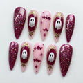 Pink Halloween Press On Nails | 3D Ghost Mirror Art | Magenta Glitter Spooky Coquette Nails | Handmade Luxury Reusable Glue Ons | Witchy Art