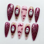 Pink Halloween Press On Nails | 3D Ghost Mirror Art | Magenta Glitter Spooky Coquette Nails | Handmade Luxury Reusable Glue Ons | Witchy Art