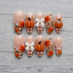 3D Pumpkin Maple Leaf Press On Nails, Fall Plaid Bow Autumn Manicure