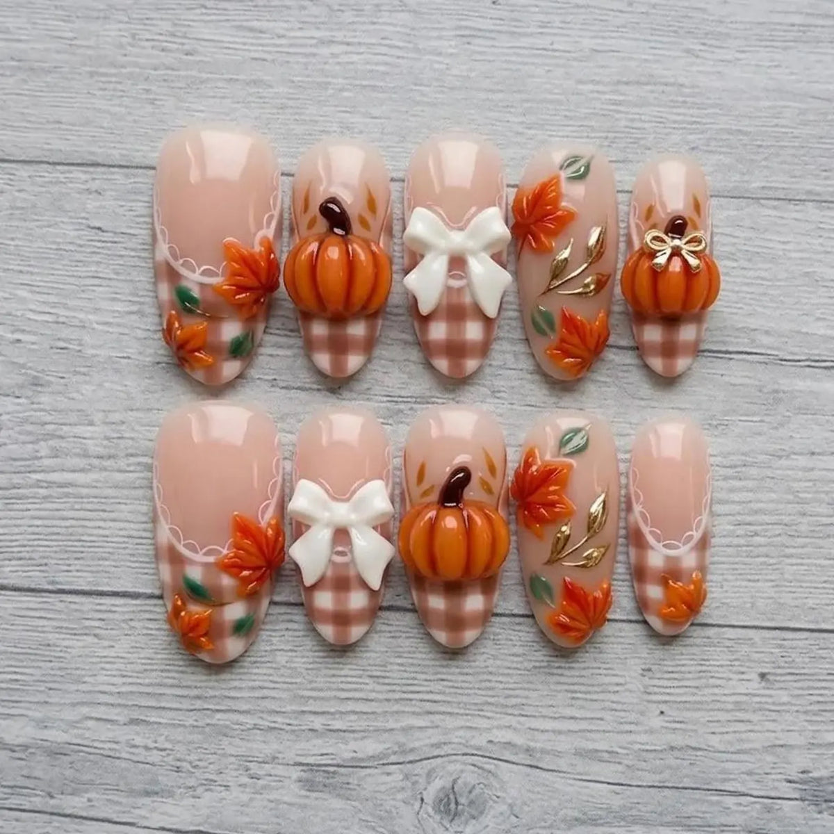 3D Pumpkin Maple Leaf Press On Nails, Fall Plaid Bow Autumn Manicure