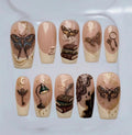 Dark Academia Press-On Nails, 3D Gel Moth, Alchemy Books, Gold Foil (Reusable)