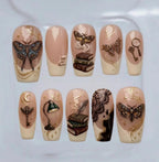 Dark Academia Press-On Nails, 3D Gel Moth, Alchemy Books, Gold Foil (Reusable)