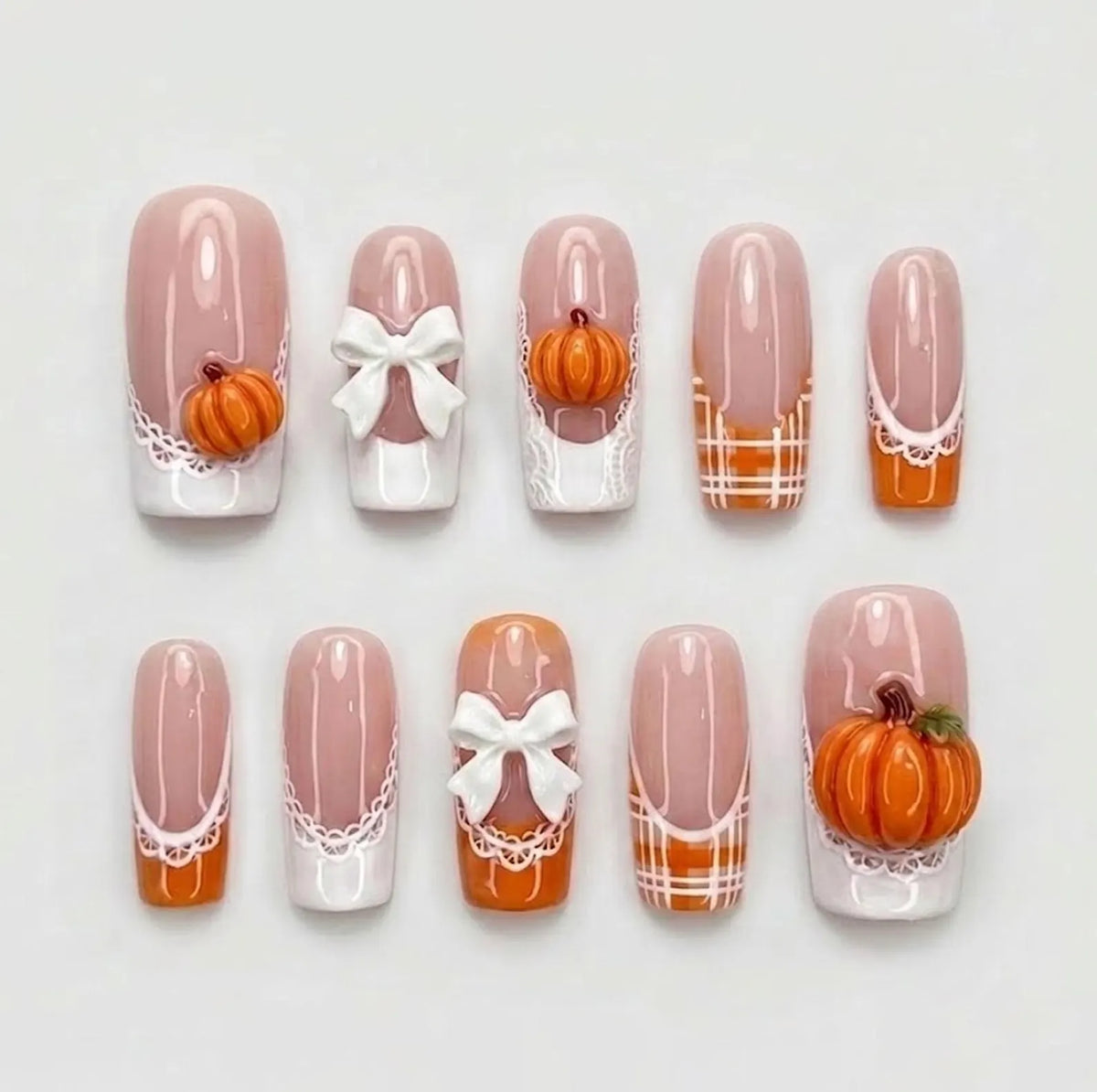 Handmade Orange Pumpkin Press On Nails, 3D Bow Set, White Lace & Plaid Accents, Nails For Coquette Autumn Vibes