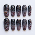 Handmade Halloween Press On Nails | Pumpkin, Bat & Spider Web, Black Gray Square Nails for Gothic Spooky Style with Gold Rhinestones