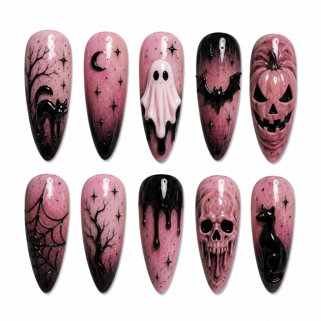 Gothic Halloween Press On Nails, 3D Ghost Bat Skull Pumpkin Cat, Horror Nail Set