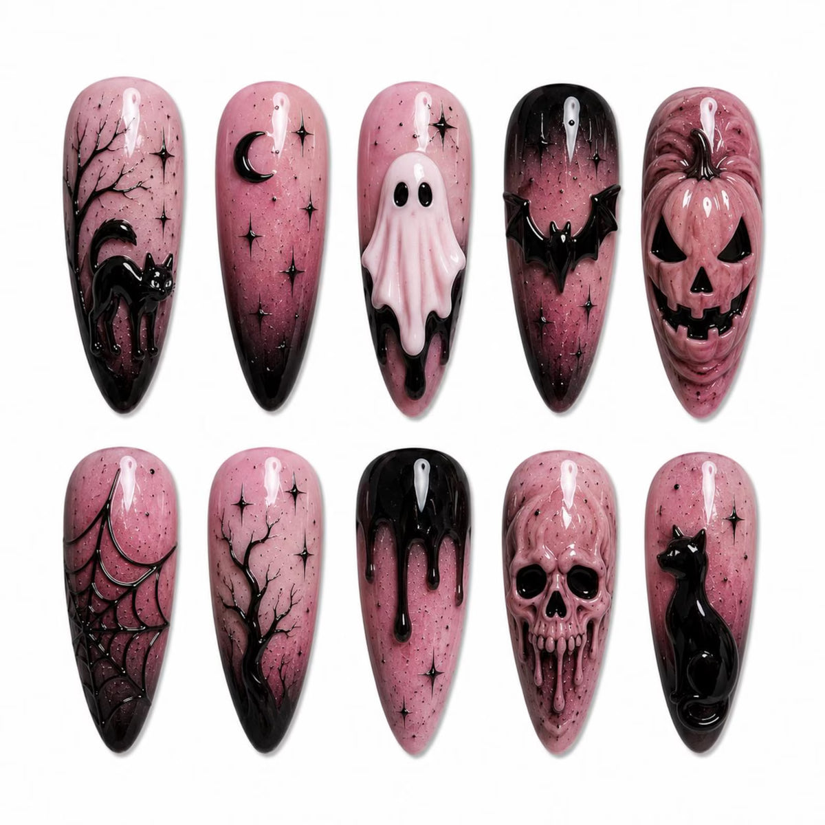 Gothic Halloween Press On Nails, 3D Ghost Bat Skull Pumpkin Cat, Horror Nail Set