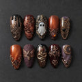 Dark Brown Gothic Press On Nails, Witchy Halloween Nail Art, 3D Spider Web Ghost Nails, Vintage Handmade Acrylic Nails