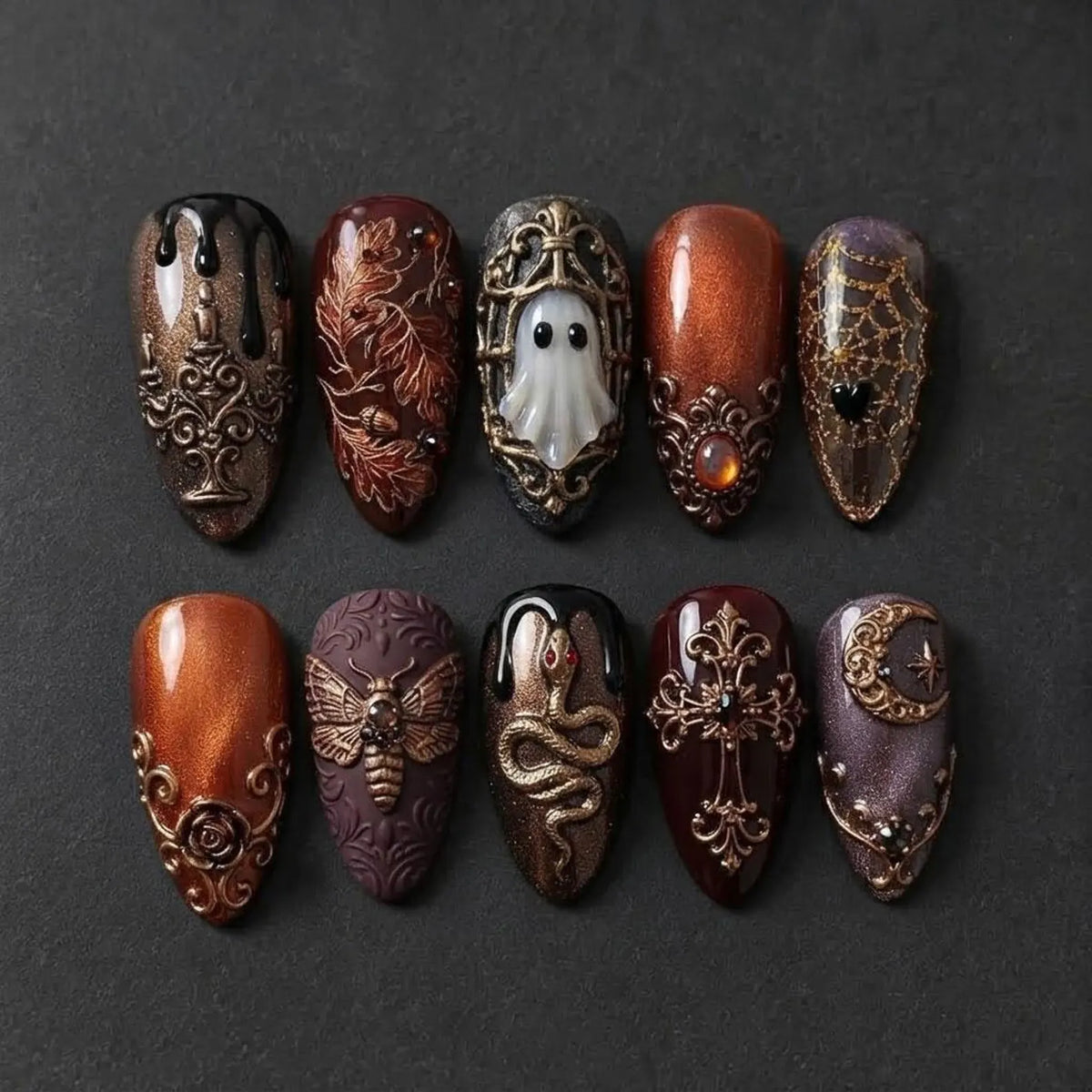 Dark Brown Gothic Press On Nails, Witchy Halloween Nail Art, 3D Spider Web Ghost Nails, Vintage Handmade Acrylic Nails