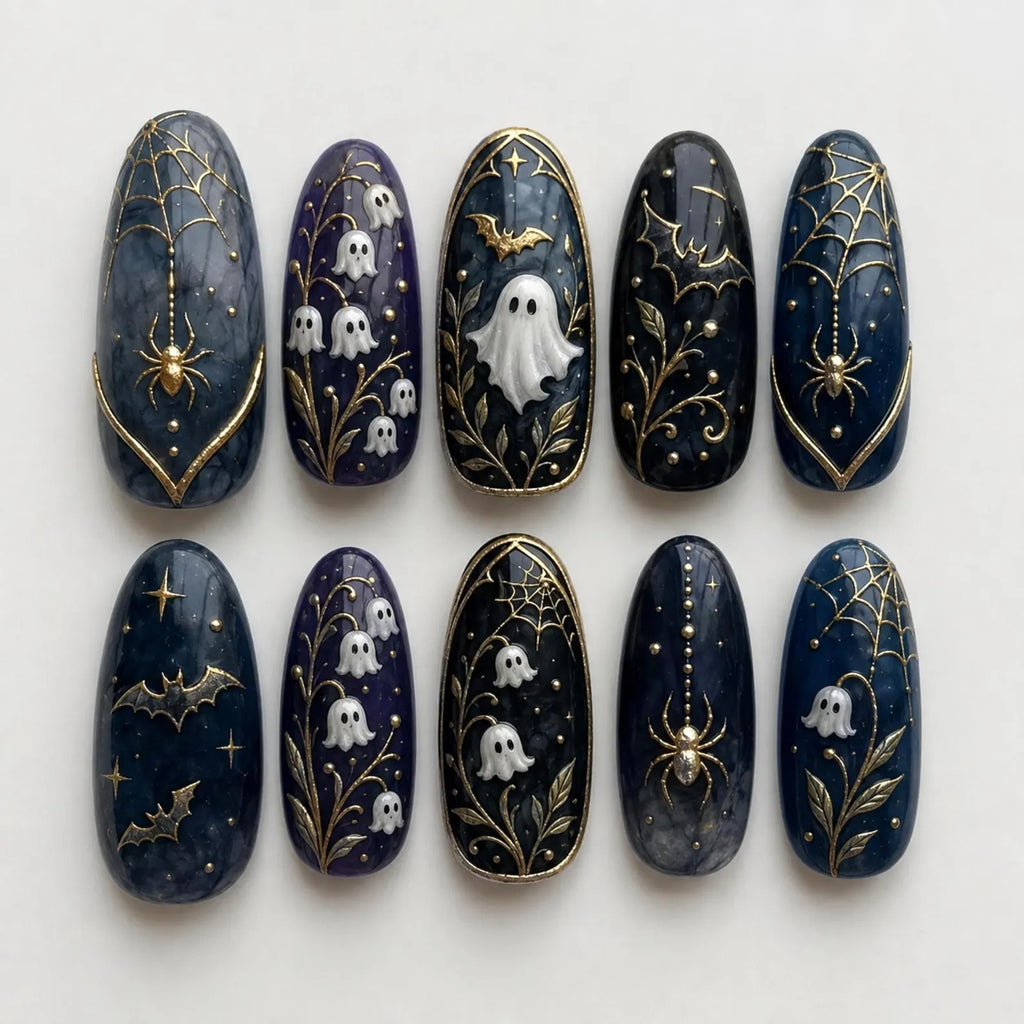 Lily Ghost Press On Nails, Gothic Halloween Nails, Dark Botanical Moon Nail Art, Navy Ghost Floral Hand Painted Fake Nails