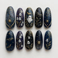 Lily Ghost Press On Nails, Gothic Halloween Nails, Dark Botanical Moon Nail Art, Navy Ghost Floral Hand Painted Fake Nails