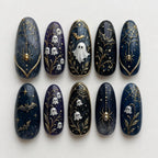 Lily Ghost Press On Nails, Gothic Halloween Nails, Dark Botanical Moon Nail Art, Navy Ghost Floral Hand Painted Fake Nails