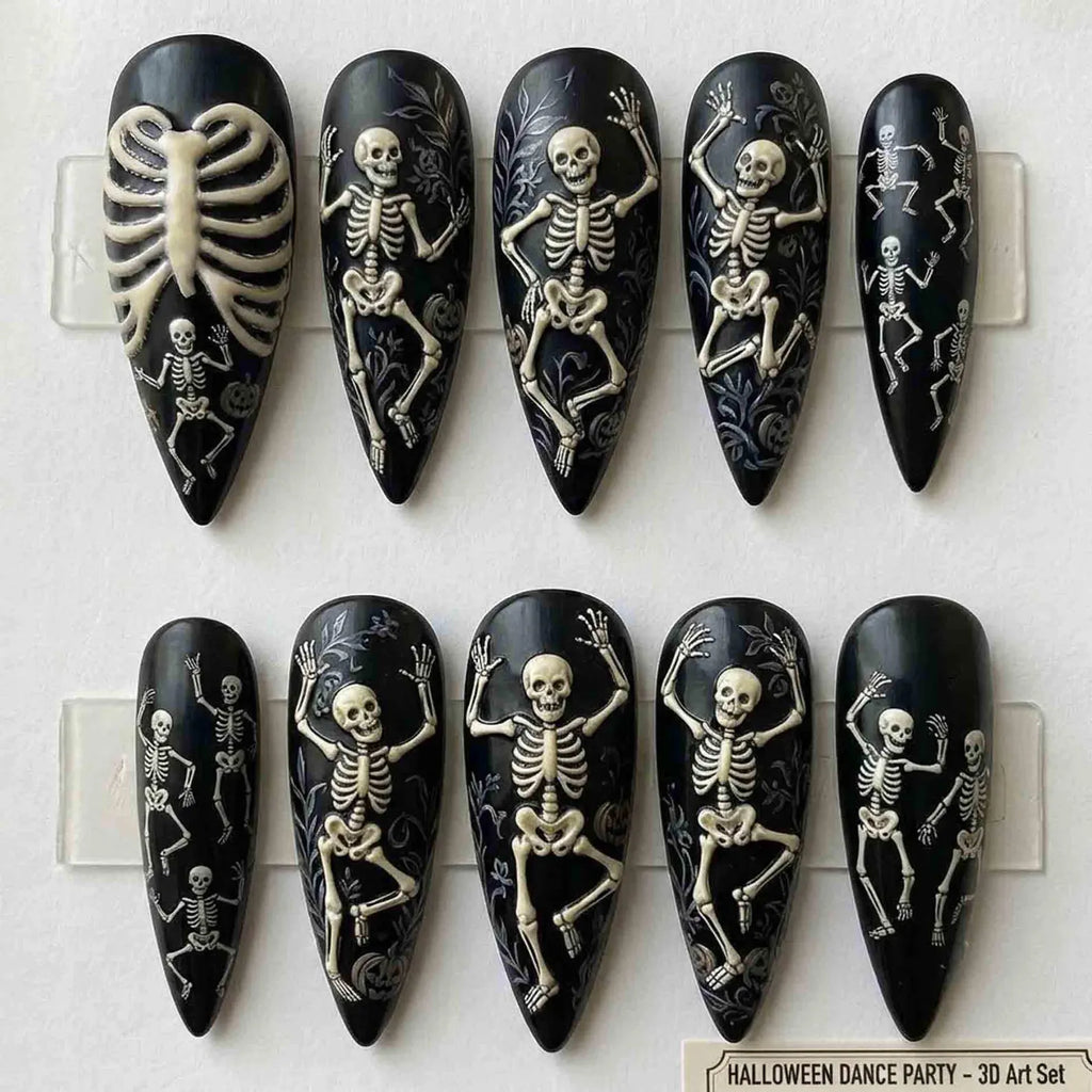 Handmade Skeleton Dance Press On Nails | 3D Rib Cage, Dancing Skeletons & Vines | Stiletto Nails for Spooky Vibe