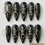 Handmade Skeleton Dance Press On Nails | 3D Rib Cage, Dancing Skeletons & Vines | Stiletto Nails for Spooky Vibe