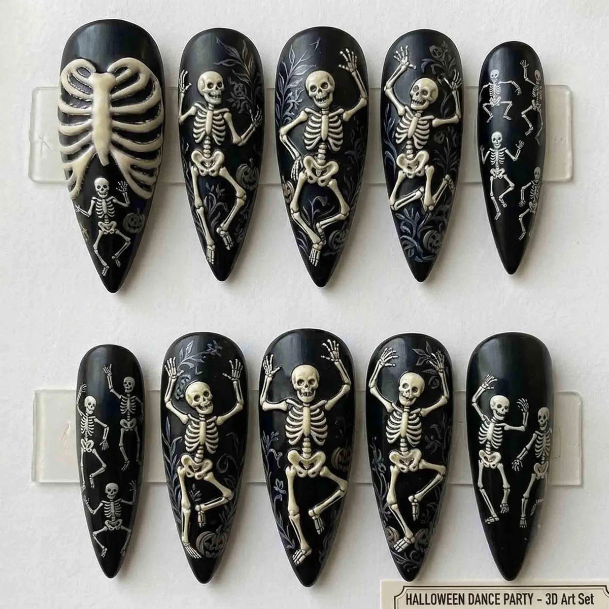 Handmade Skeleton Dance Press On Nails | 3D Rib Cage, Dancing Skeletons & Vines | Stiletto Nails for Spooky Vibe