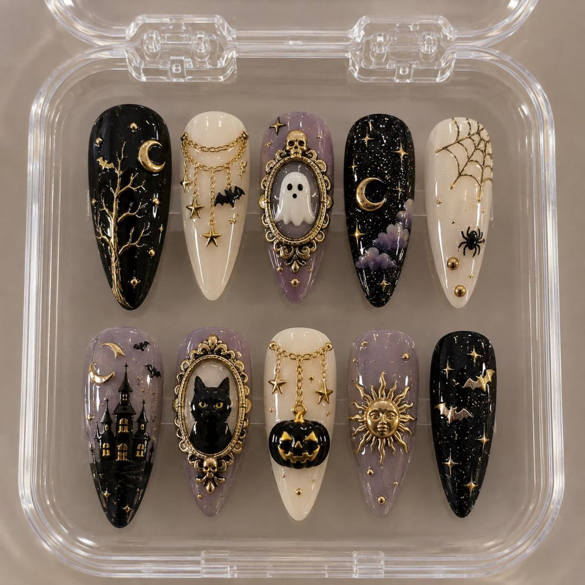 Gothic Halloween Press On Nails, Gothic Celestial Nails, Black Cat Ghost Nails, Moon Star Pumpkin Nails, Haunted House Nails, Holiday Nails