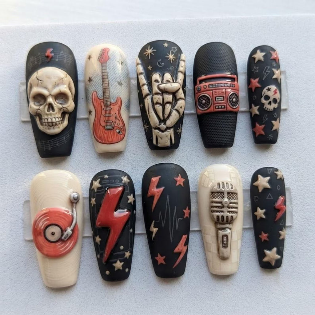 Rock and Roll Skull Coffin Press On Nails | 3D Electric Guitar, Vinyl & Microphone Nail Art | Gothic Music Fake Nails