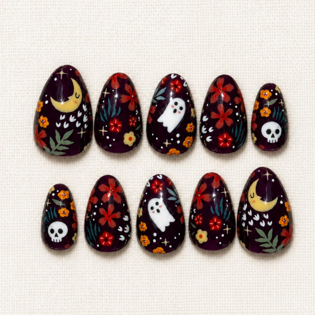 Floral Halloween Press On Nails | Spooky Cute Nails | 3D Ghost Skull Moon and Hand Painted Flowers | Short Almond Nails for Halloween Party