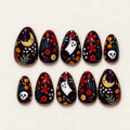 Floral Halloween Press On Nails | Spooky Cute Nails | 3D Ghost Skull Moon and Hand Painted Flowers | Short Almond Nails for Halloween Party
