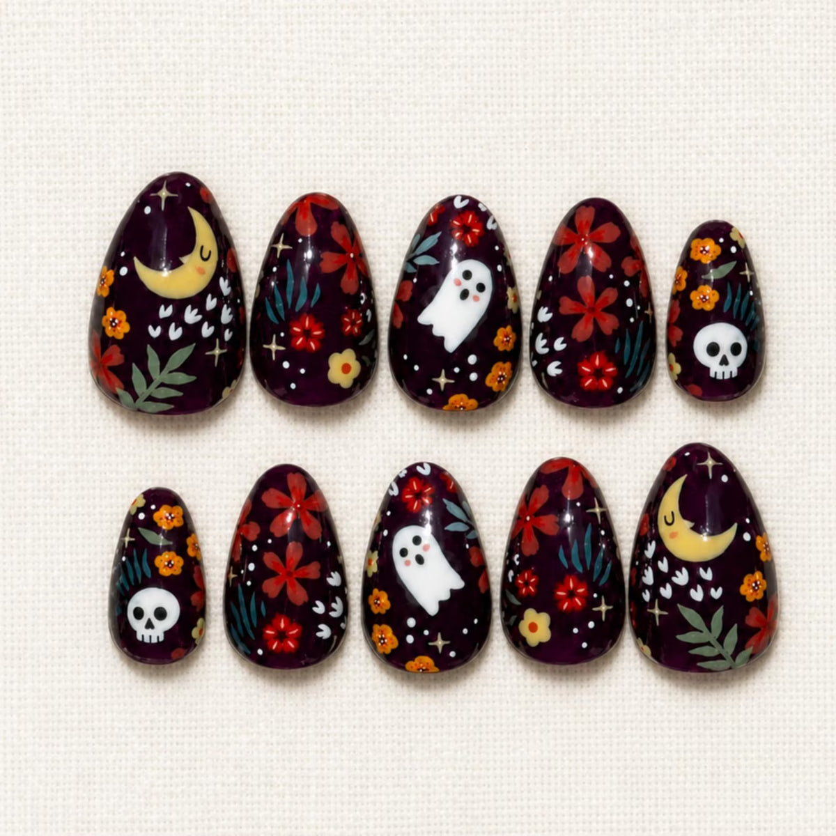 Floral Halloween Press On Nails | Spooky Cute Nails | 3D Ghost Skull Moon and Hand Painted Flowers | Short Almond Nails for Halloween Party