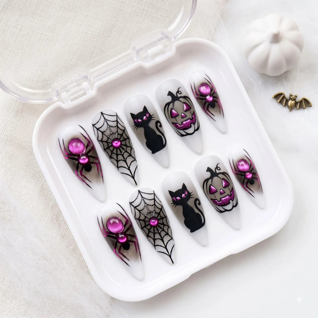 Pink Cat Eye Halloween Press On Nails, Black Cat Spider Nails, Pumpkin Spider Web Nail Art, Glitter Spooky Nails, Halloween Gift for Her