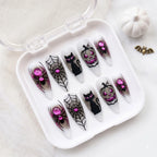 Pink Cat Eye Halloween Press On Nails, Black Cat Spider Nails, Pumpkin Spider Web Nail Art, Glitter Spooky Nails, Halloween Gift for Her
