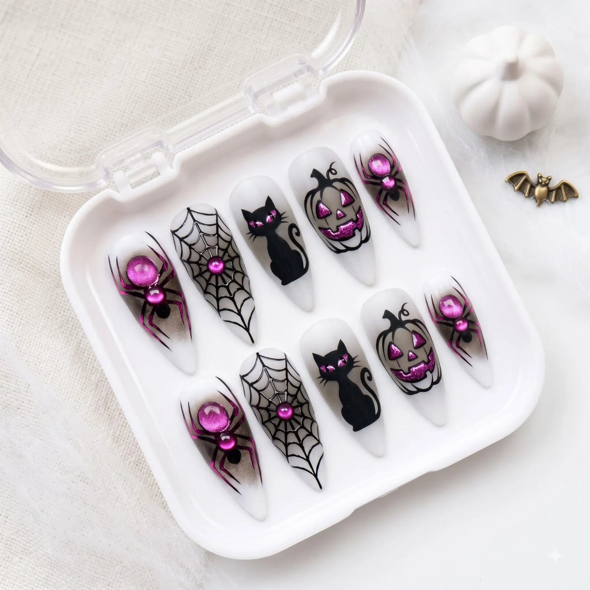 Pink Cat Eye Halloween Press On Nails, Black Cat Spider Nails, Pumpkin Spider Web Nail Art, Glitter Spooky Nails, Halloween Gift for Her