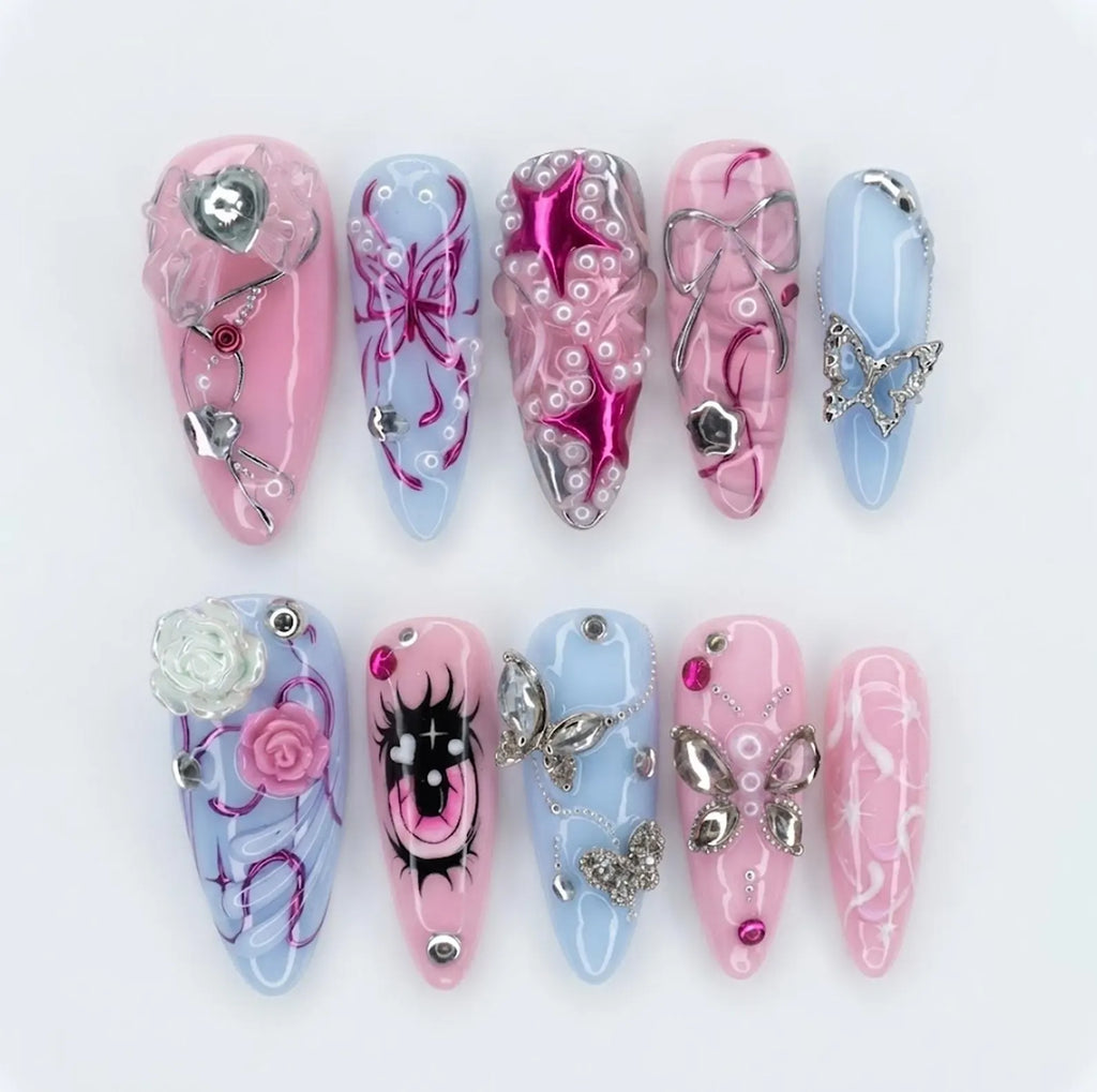 Handmade Y2K Pink Press On Nails, Anime Eye Set, 3D Silver Butterfly & Pearl Accents, Nails For Cyberpunk Kawaii Vibes