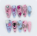Handmade Y2K Pink Press On Nails, Anime Eye Set, 3D Silver Butterfly & Pearl Accents, Nails For Cyberpunk Kawaii Vibes